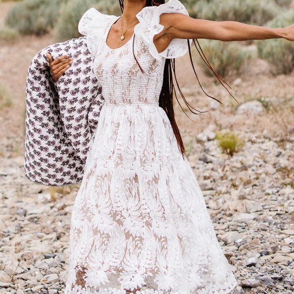 Ivy City Co Cream and Brown Lace Midi Dress - Picture 3 of 4